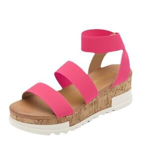 DREAM PAIRS Womens 9.5 Platform Elastic Ankle Strap Sandals Wedge Sandals Neon